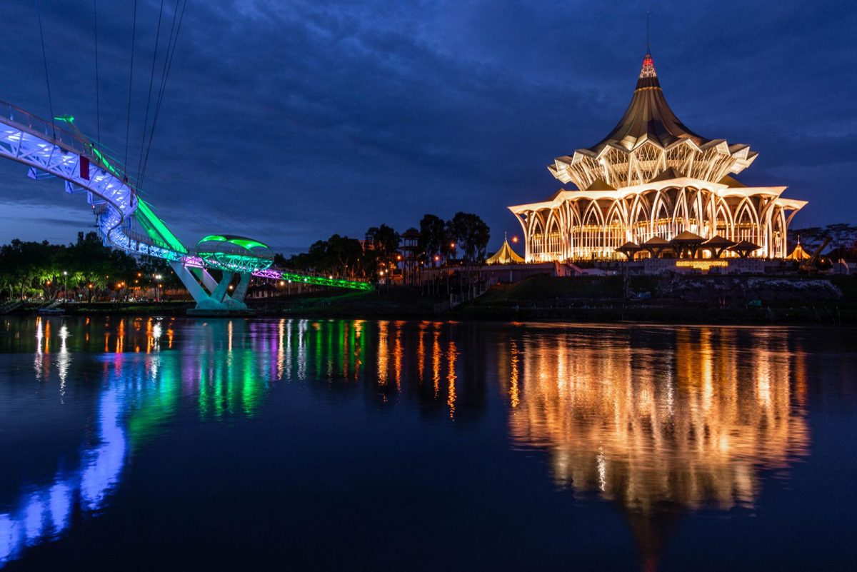 Kuching Waterfront along the Sarawak River at dusk