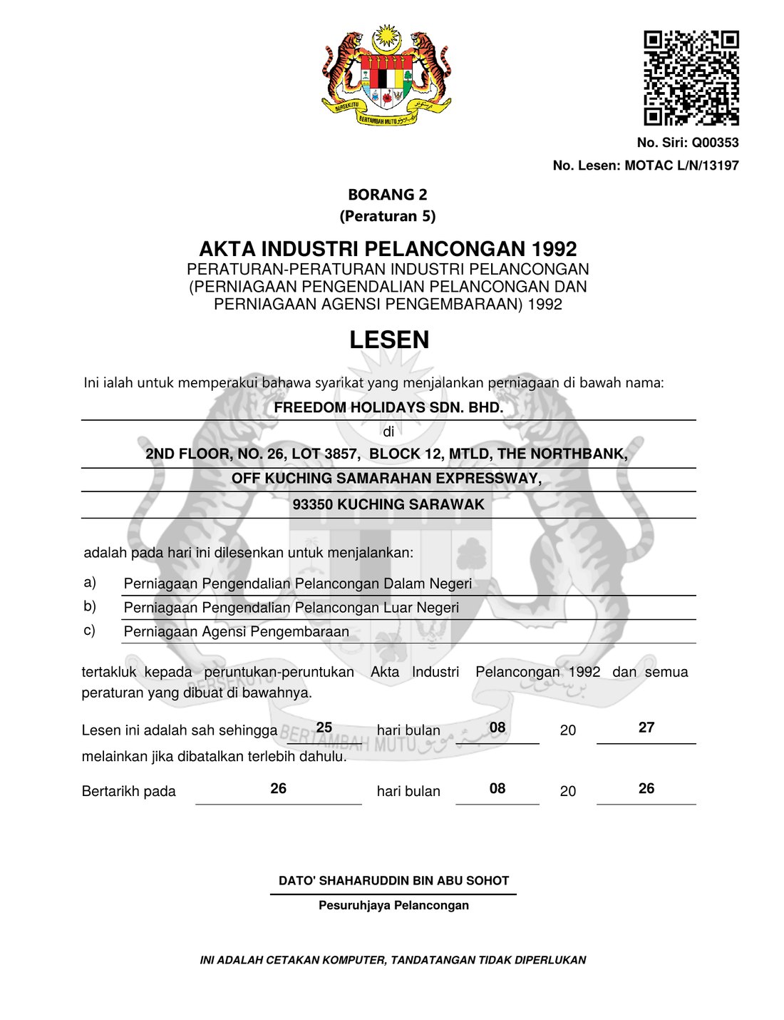 MOTAC tour operating and travel agency licence — Freedom Holidays Sdn Bhd, Licence No. L/N/13197